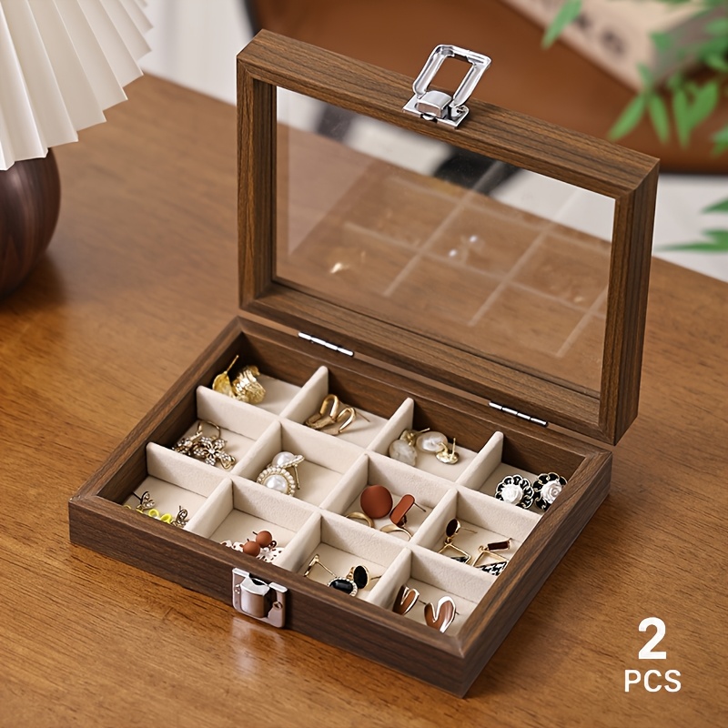Vintage Wooden Jewelry Organizer Box with Glass Lid